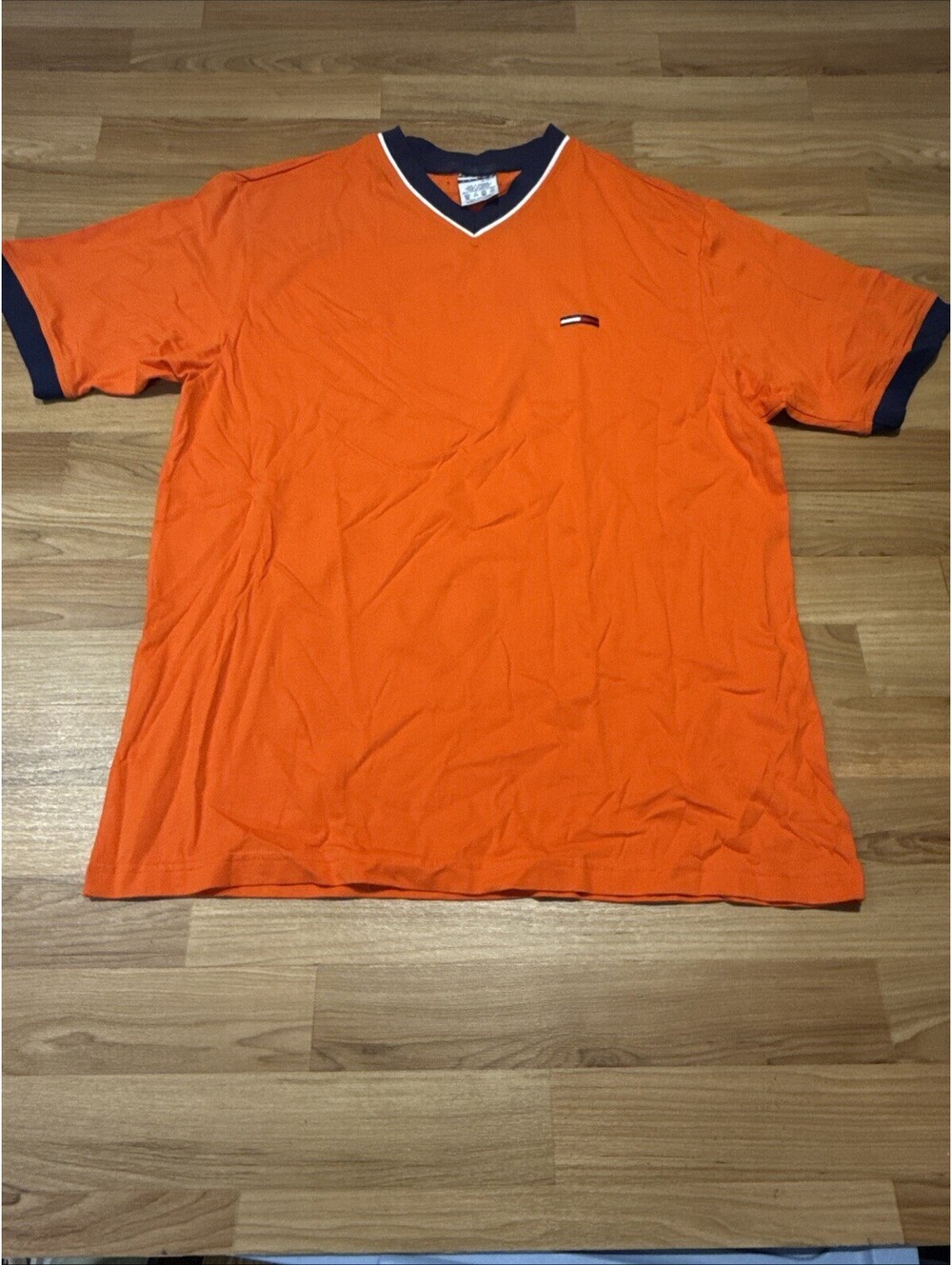 Vintage Tommy Jeans T Shirt Mens XL Orange V Neck Ringer Flag Logo 90s Y2K